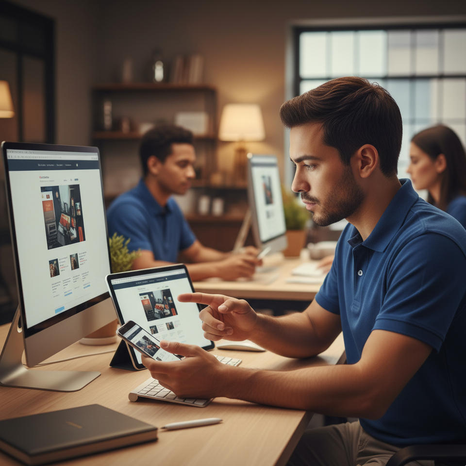 web designer making sure a site is responsive testing on different devices