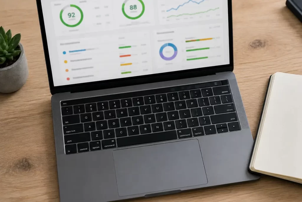 A website audit checklist next to a laptop showing performance scores