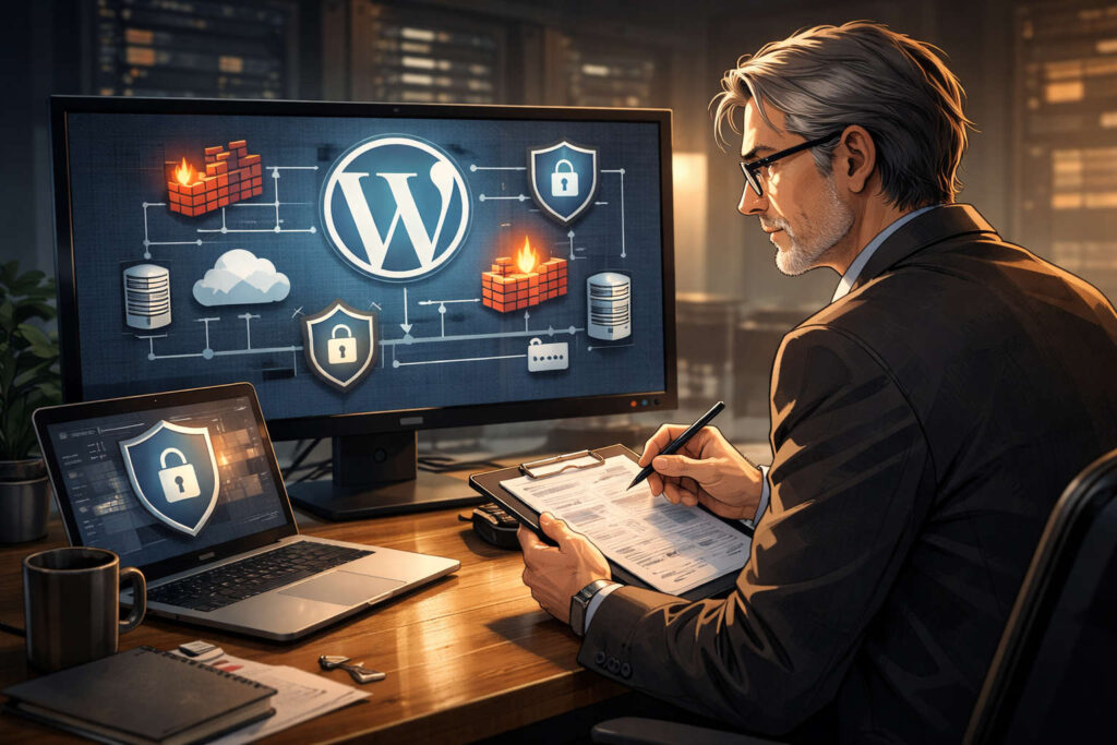 Professional cybersecurity consultant auditing a WordPress website infrastructure