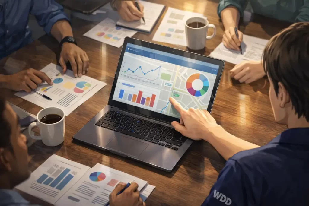 analyst presenting a live impact dashboard to team