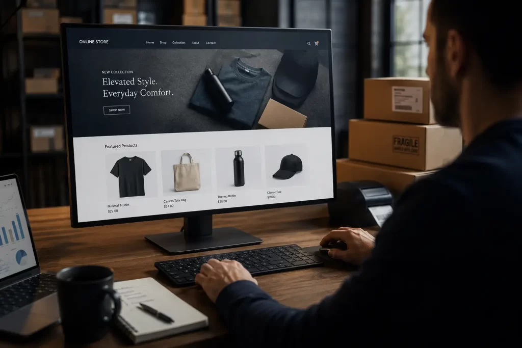 a computer in a product warehouse showing an online store that sells clothing