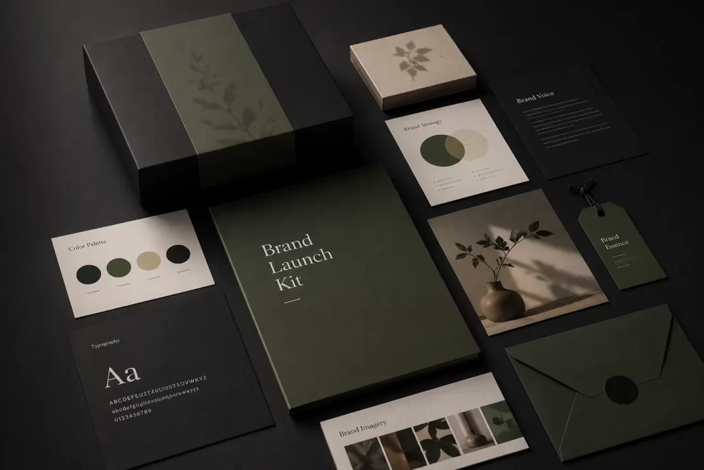 Diseño de una marca de elegante, incluyendo productos, paleta de colores, tarjetas y libros.