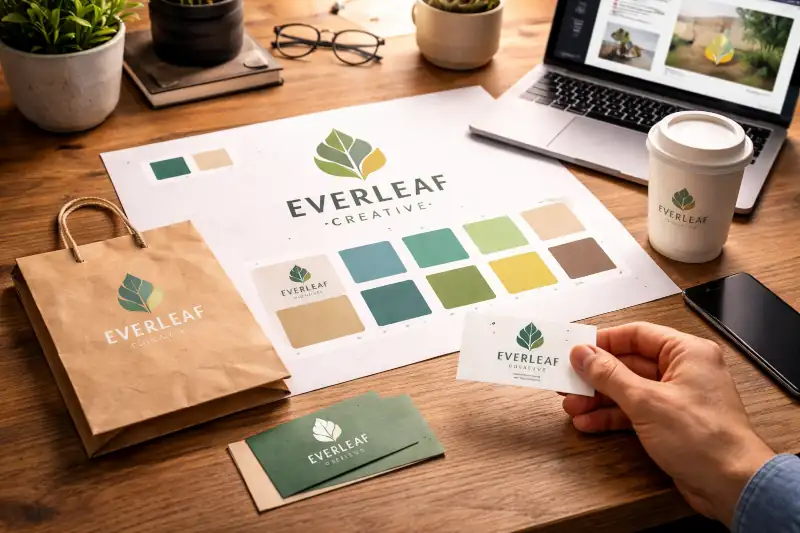 Brand identity materials spread across a desk with logo concepts, packaging, color palette, and digital mockups.