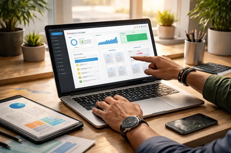 Two professionals reviewing a website dashboard together on a laptop during a guided web strategy session