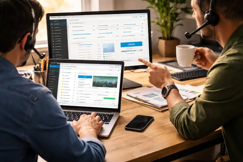 Two professionals managing website updates and support tasks across desktop and laptop screens.