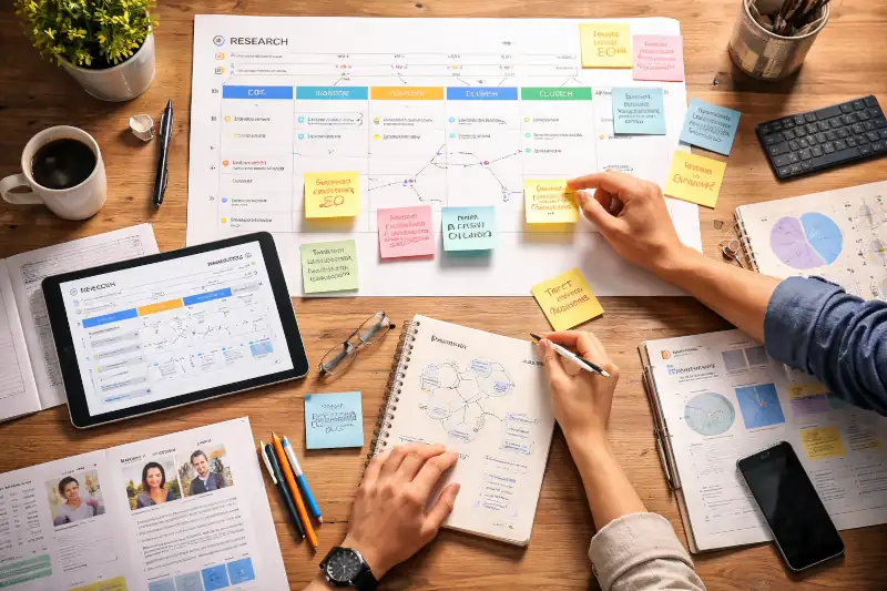 Top-down view of a strategy planning session with notes, diagrams, and digital tools used to map business goals.