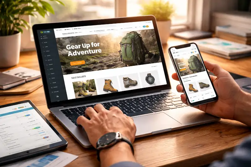 Responsive website being tested across laptop and smartphone screens in a modern workspace.